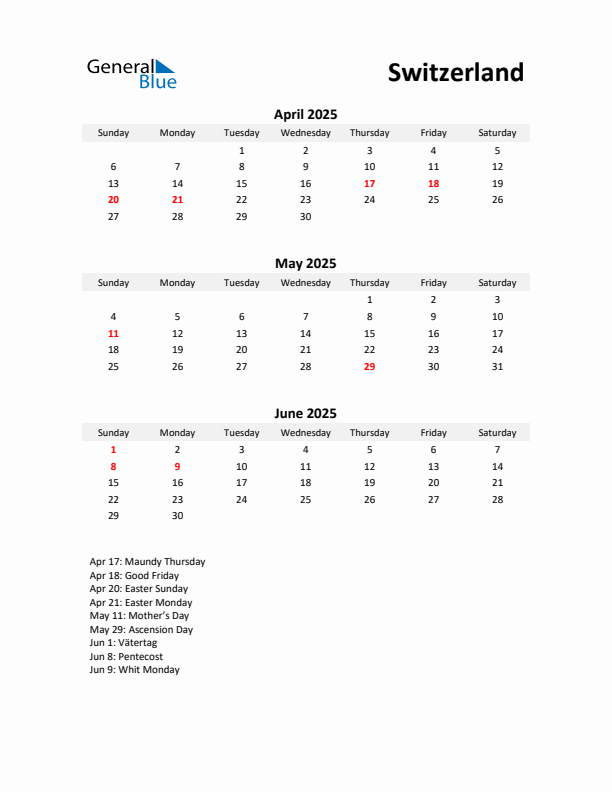 Printable Quarterly Calendar with Notes and Switzerland Holidays- Q2 of 2025