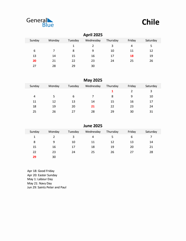 Printable Quarterly Calendar with Notes and Chile Holidays- Q2 of 2025