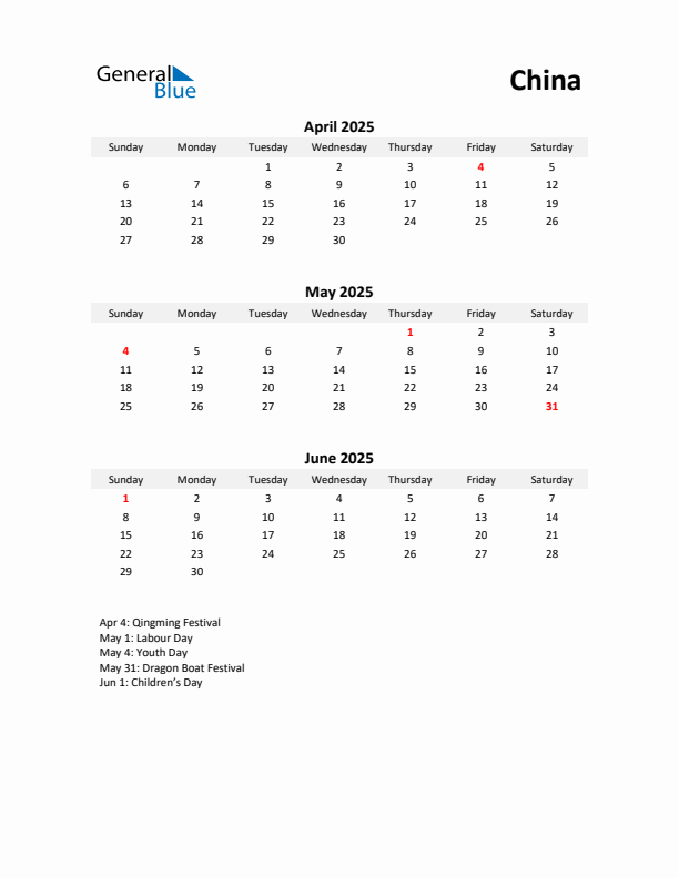 Printable Quarterly Calendar with Notes and China Holidays- Q2 of 2025