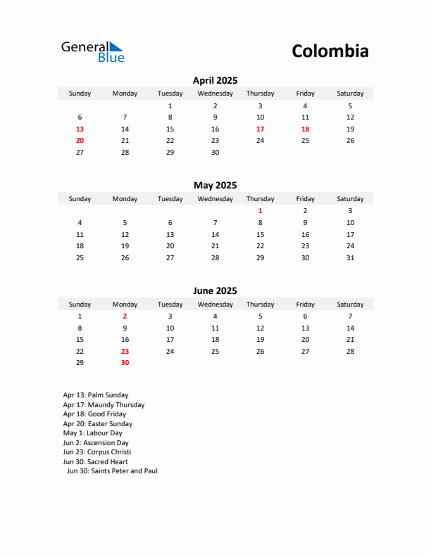 Printable Quarterly Calendar with Notes and Colombia Holidays- Q2 of 2025