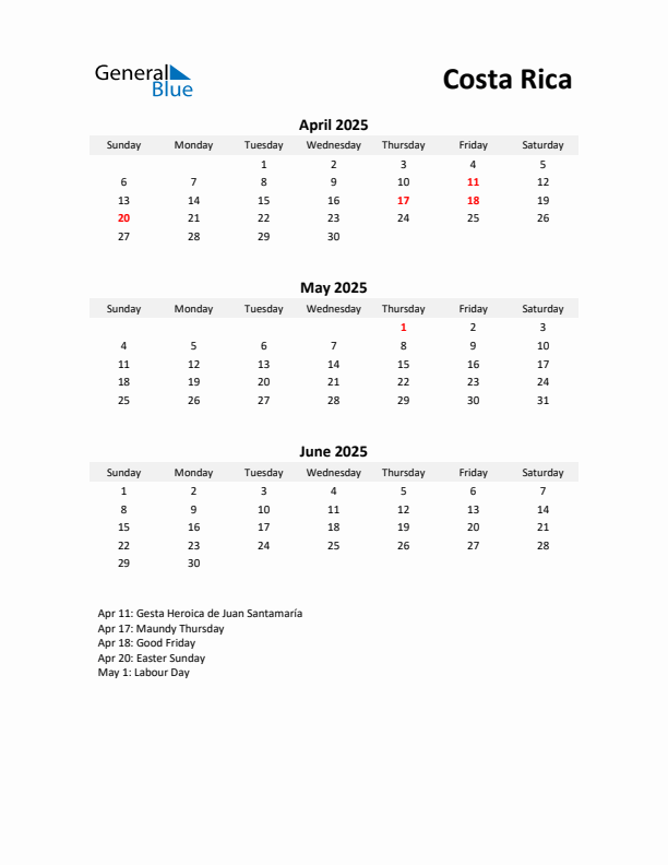 Printable Quarterly Calendar with Notes and Costa Rica Holidays- Q2 of 2025