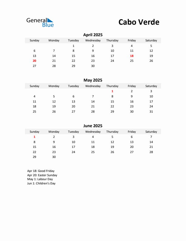 Printable Quarterly Calendar with Notes and Cabo Verde Holidays- Q2 of 2025