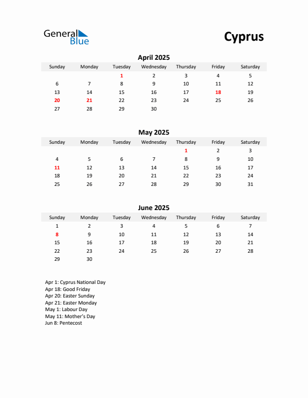 Printable Quarterly Calendar with Notes and Cyprus Holidays- Q2 of 2025