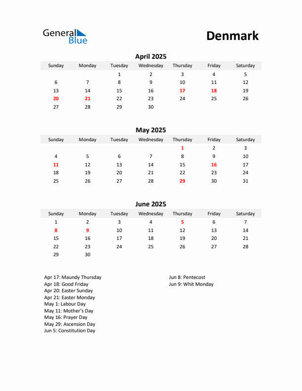 Printable Quarterly Calendar with Notes and Denmark Holidays- Q2 of 2025