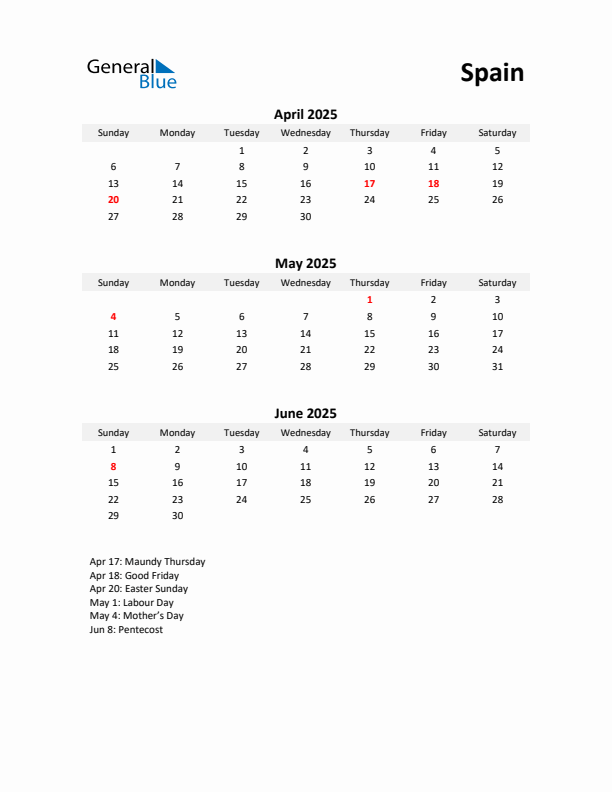 Printable Quarterly Calendar with Notes and Spain Holidays- Q2 of 2025