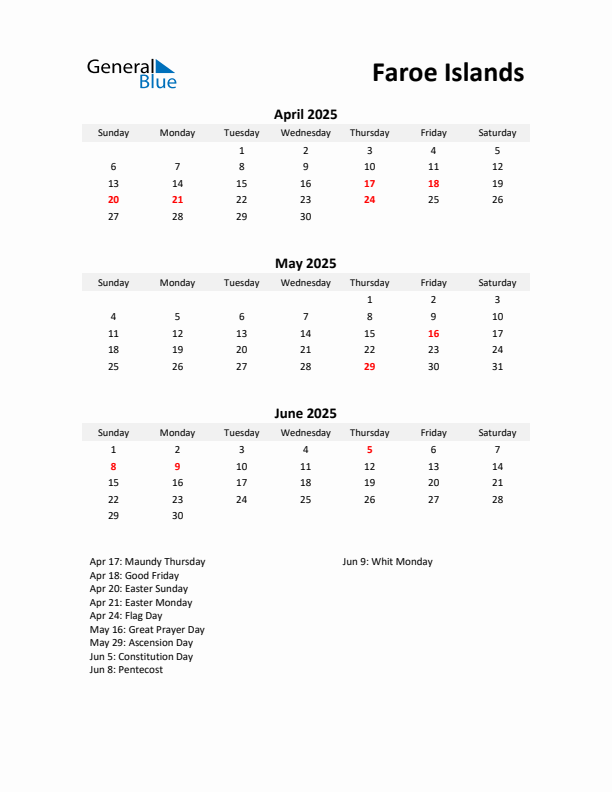 Printable Quarterly Calendar with Notes and Faroe Islands Holidays- Q2 of 2025