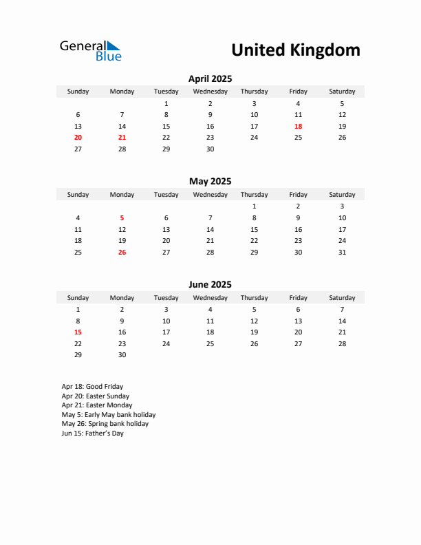 Printable Quarterly Calendar with Notes and United Kingdom Holidays- Q2 of 2025