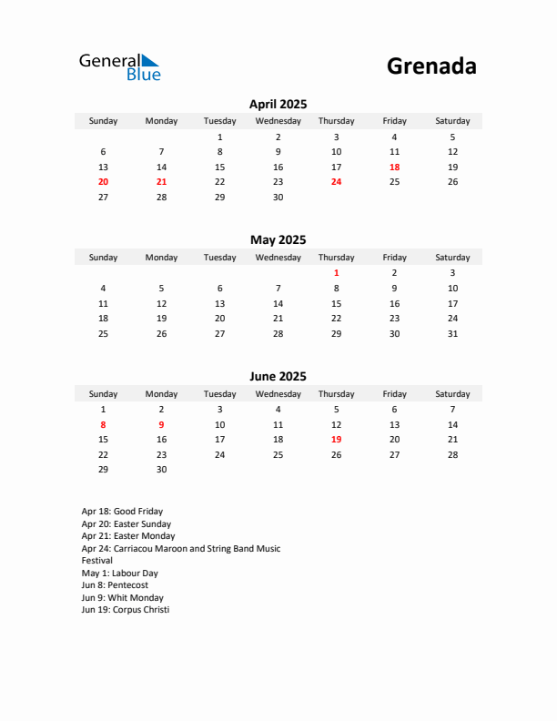 Printable Quarterly Calendar with Notes and Grenada Holidays- Q2 of 2025