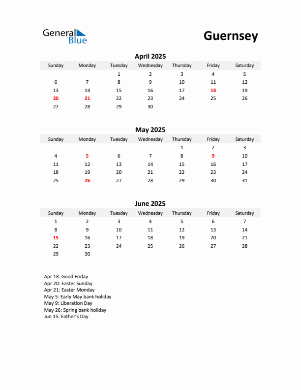 Printable Quarterly Calendar with Notes and Guernsey Holidays- Q2 of 2025