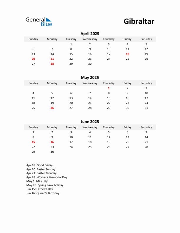 Printable Quarterly Calendar with Notes and Gibraltar Holidays- Q2 of 2025