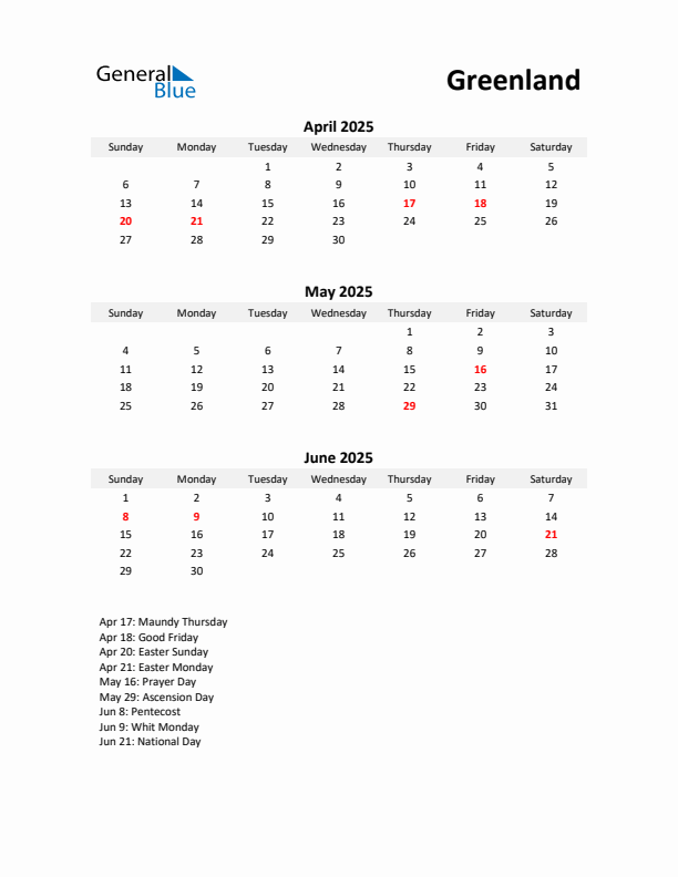 Printable Quarterly Calendar with Notes and Greenland Holidays- Q2 of 2025