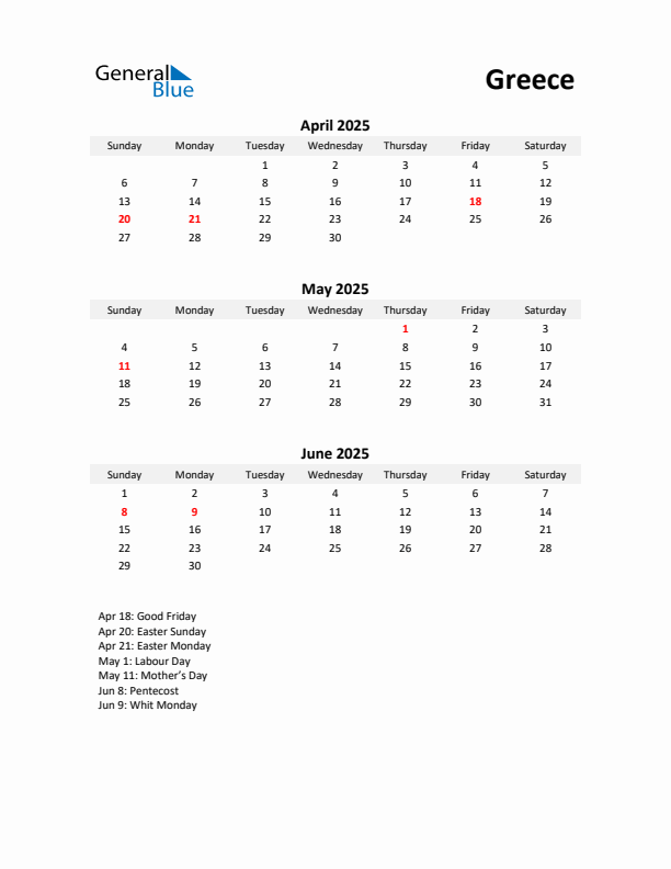 Printable Quarterly Calendar with Notes and Greece Holidays- Q2 of 2025