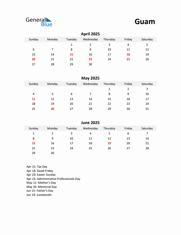 Printable Quarterly Calendar with Notes and Guam Holidays- Q2 of 2025