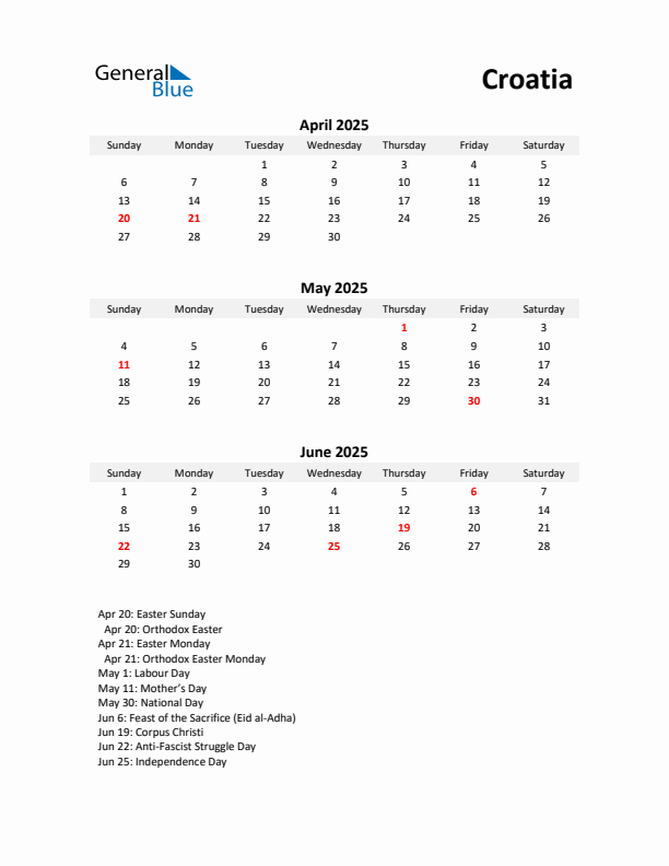 Printable Quarterly Calendar with Notes and Croatia Holidays- Q2 of 2025