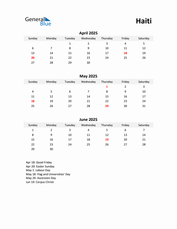 Printable Quarterly Calendar with Notes and Haiti Holidays- Q2 of 2025