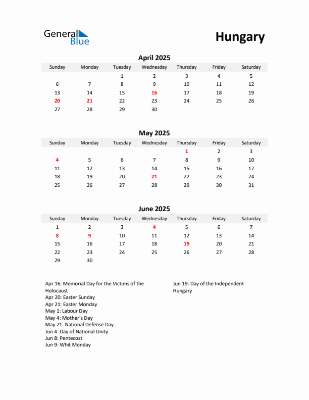 Printable Quarterly Calendar with Notes and Hungary Holidays- Q2 of 2025