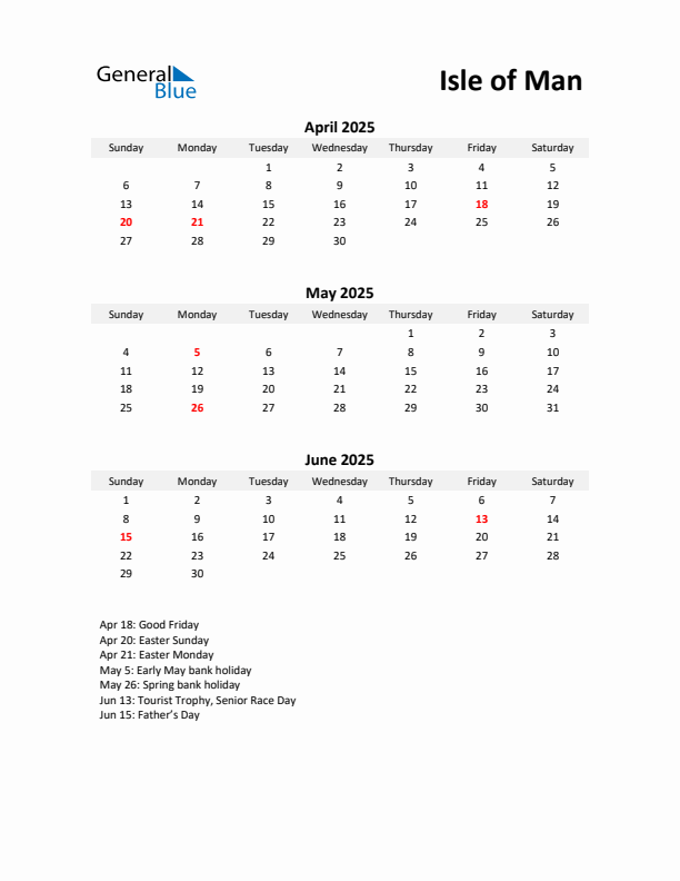 Printable Quarterly Calendar with Notes and Isle of Man Holidays- Q2 of 2025