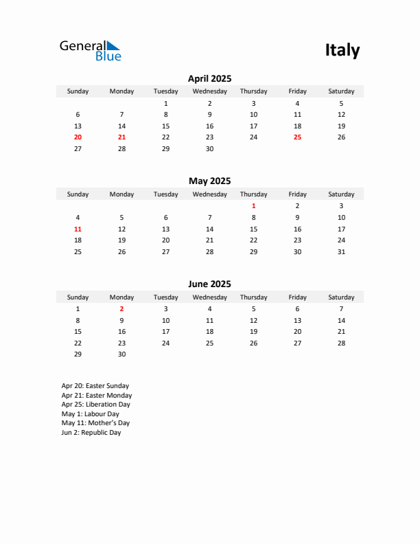 Printable Quarterly Calendar with Notes and Italy Holidays- Q2 of 2025