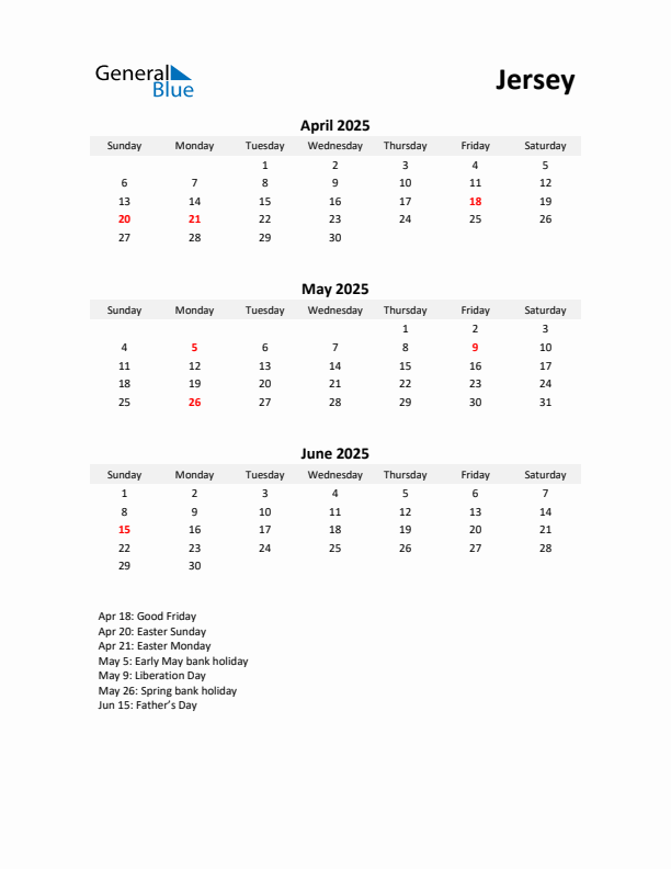 Printable Quarterly Calendar with Notes and Jersey Holidays- Q2 of 2025