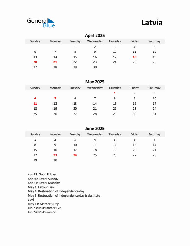 Printable Quarterly Calendar with Notes and Latvia Holidays- Q2 of 2025