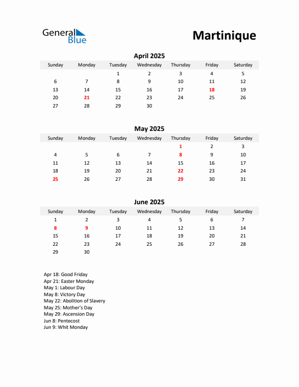 Printable Quarterly Calendar with Notes and Martinique Holidays- Q2 of 2025