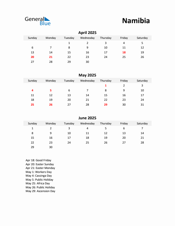 Printable Quarterly Calendar with Notes and Namibia Holidays- Q2 of 2025