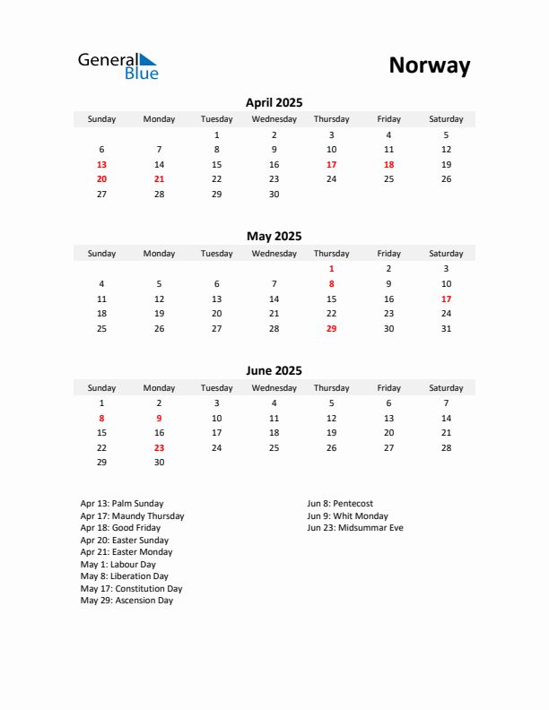 Printable Quarterly Calendar with Notes and Norway Holidays- Q2 of 2025