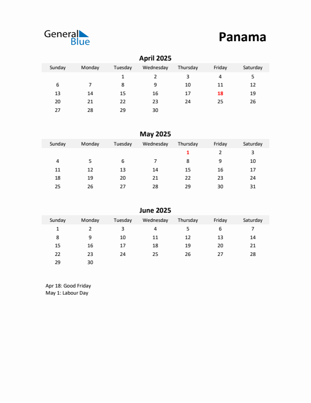 Printable Quarterly Calendar with Notes and Panama Holidays- Q2 of 2025