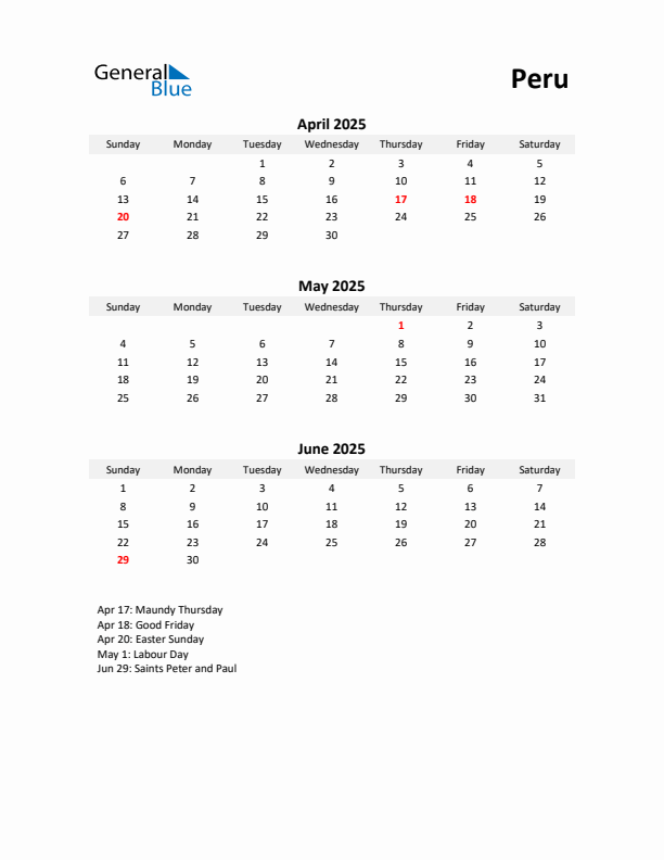 Printable Quarterly Calendar with Notes and Peru Holidays- Q2 of 2025