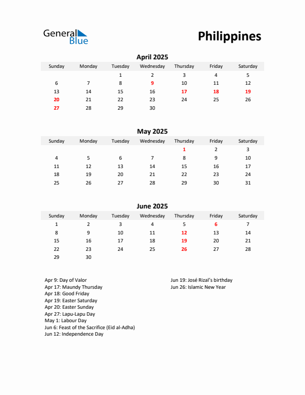 Printable Quarterly Calendar with Notes and Philippines Holidays- Q2 of 2025