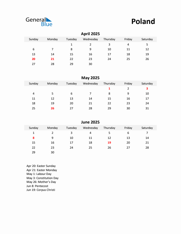 Printable Quarterly Calendar with Notes and Poland Holidays- Q2 of 2025