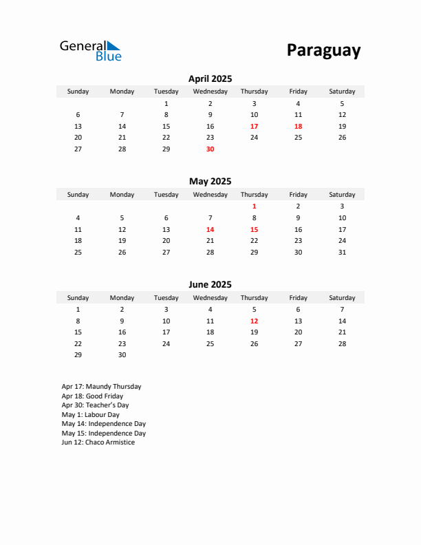 Printable Quarterly Calendar with Notes and Paraguay Holidays- Q2 of 2025