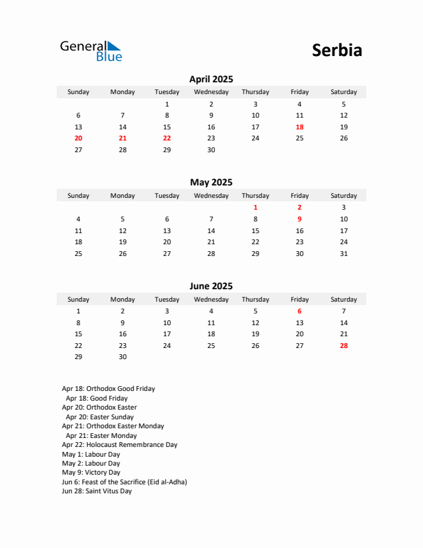 Printable Quarterly Calendar with Notes and Serbia Holidays- Q2 of 2025