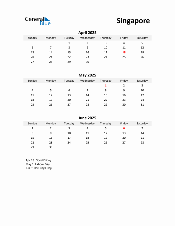 Printable Quarterly Calendar with Notes and Singapore Holidays- Q2 of 2025