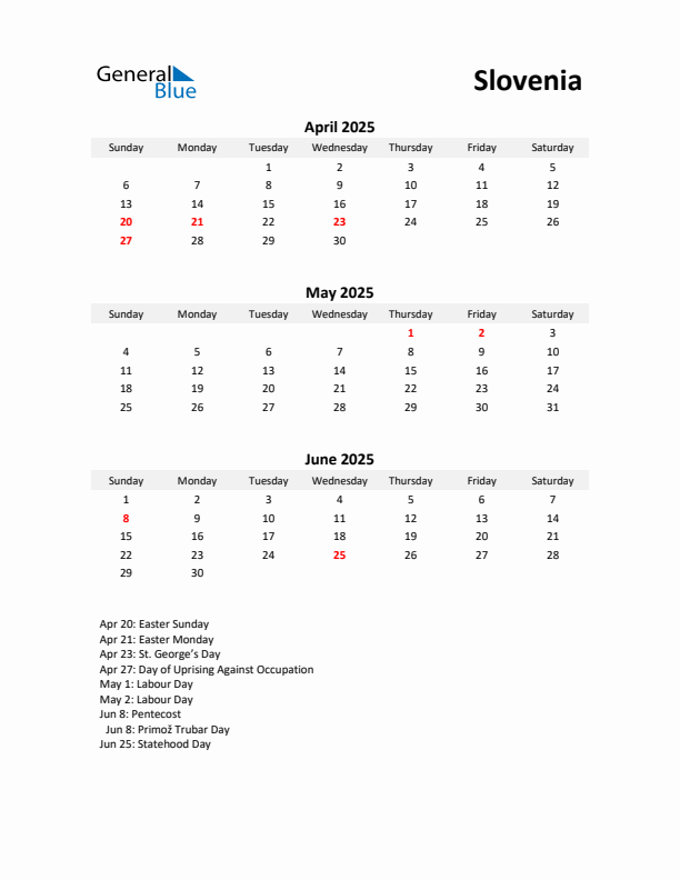 Printable Quarterly Calendar with Notes and Slovenia Holidays- Q2 of 2025