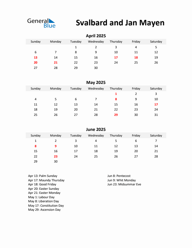 Printable Quarterly Calendar with Notes and Svalbard and Jan Mayen Holidays- Q2 of 2025