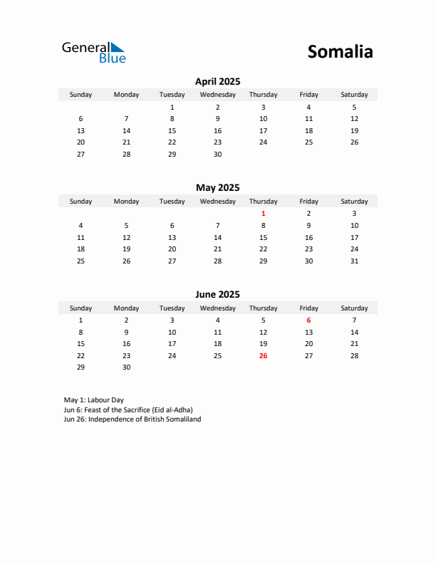 Printable Quarterly Calendar with Notes and Somalia Holidays- Q2 of 2025