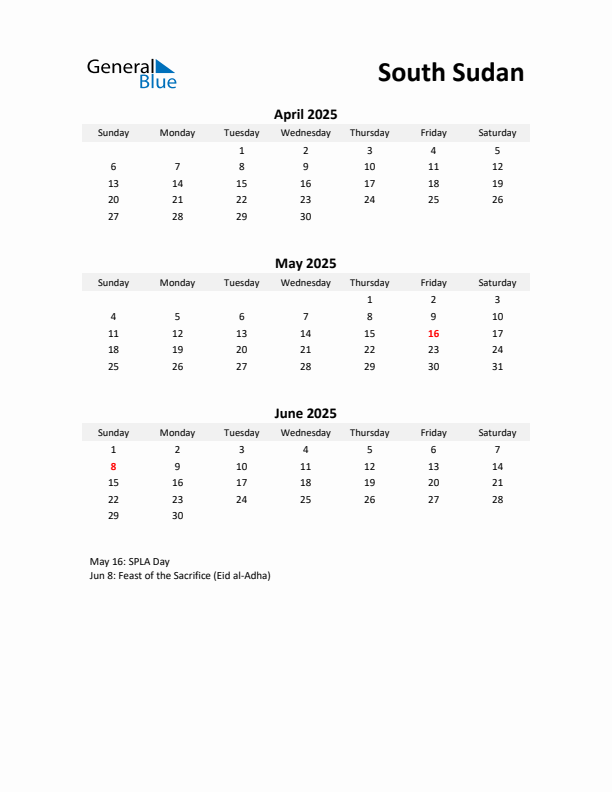 Printable Quarterly Calendar with Notes and South Sudan Holidays- Q2 of 2025