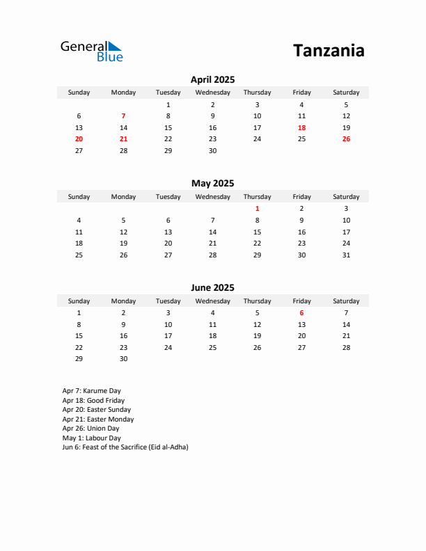 Printable Quarterly Calendar with Notes and Tanzania Holidays- Q2 of 2025