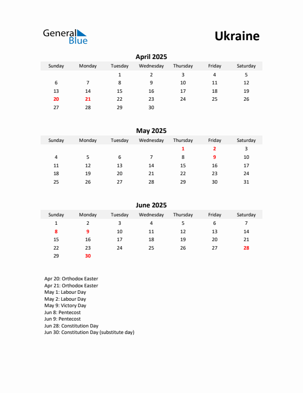 Printable Quarterly Calendar with Notes and Ukraine Holidays- Q2 of 2025