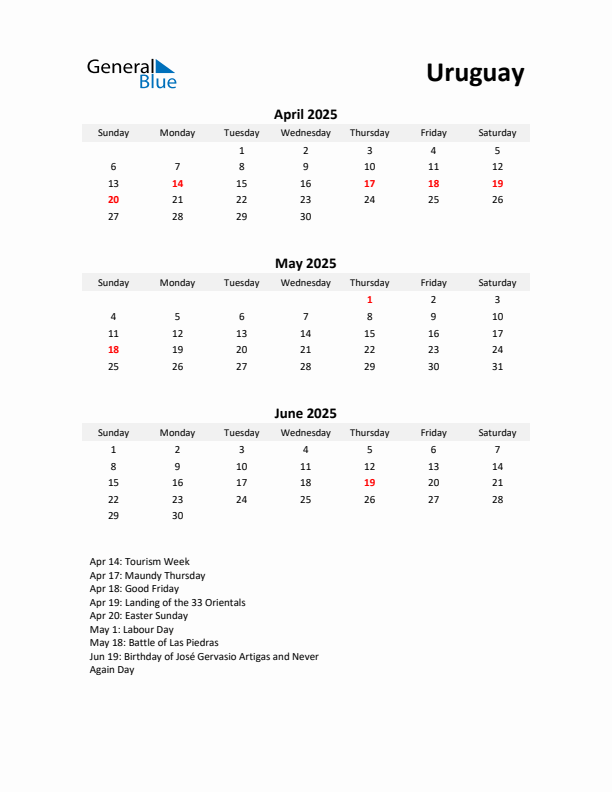 Printable Quarterly Calendar with Notes and Uruguay Holidays- Q2 of 2025