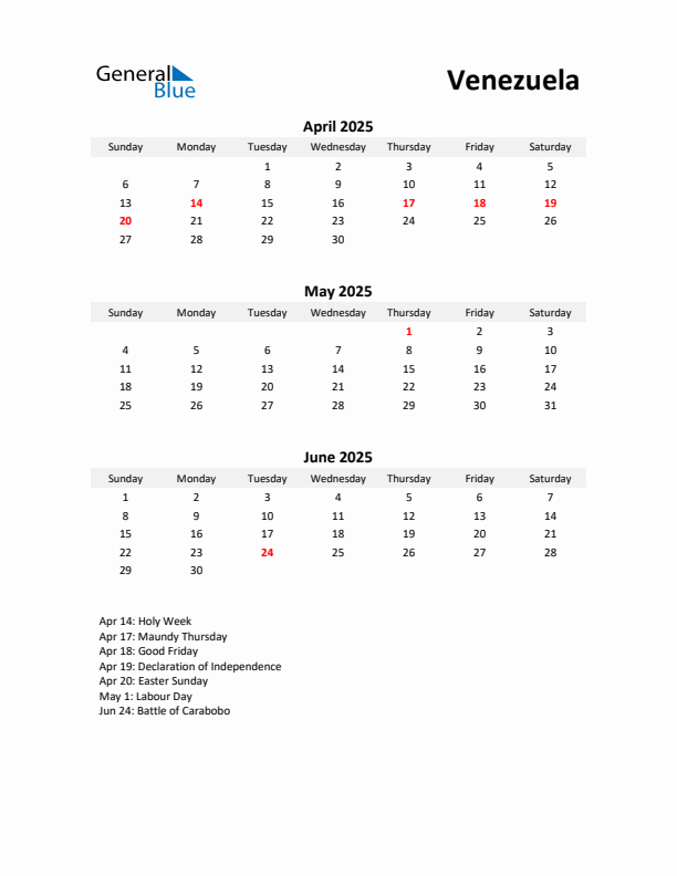 Printable Quarterly Calendar with Notes and Venezuela Holidays- Q2 of 2025