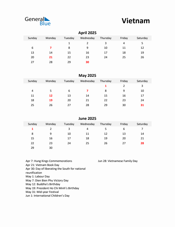 Printable Quarterly Calendar with Notes and Vietnam Holidays- Q2 of 2025