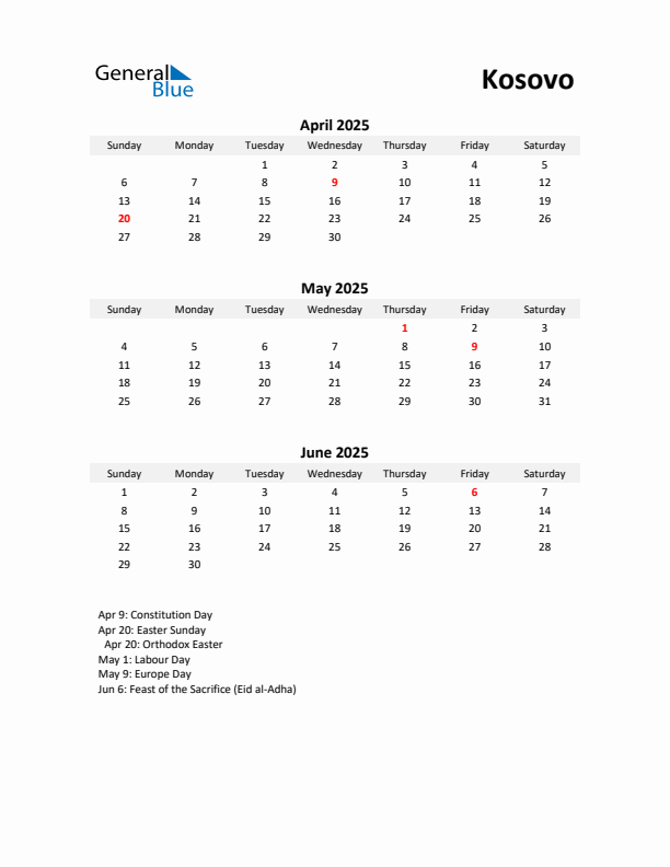 Printable Quarterly Calendar with Notes and Kosovo Holidays- Q2 of 2025