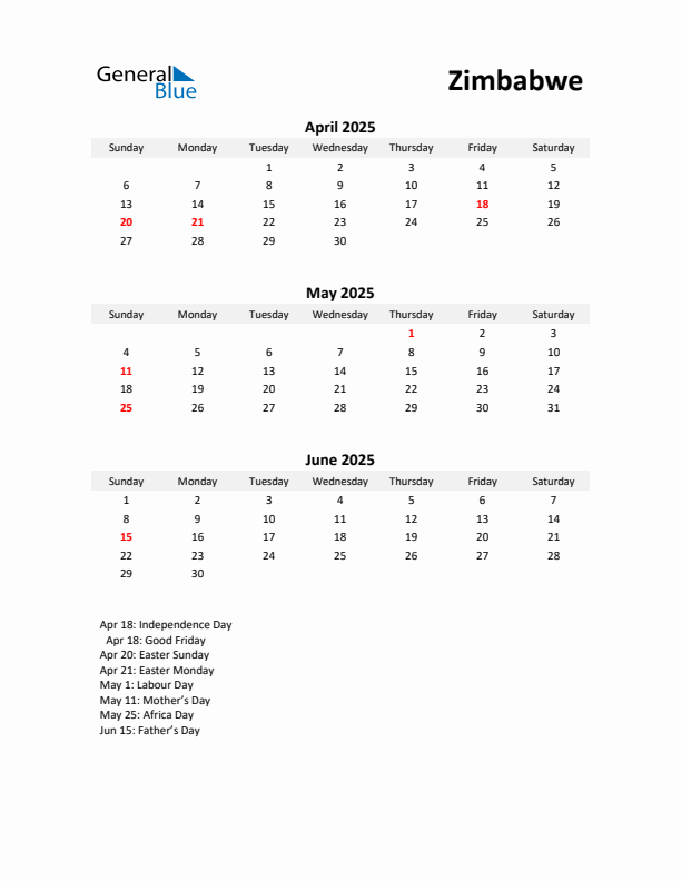 Printable Quarterly Calendar with Notes and Zimbabwe Holidays- Q2 of 2025