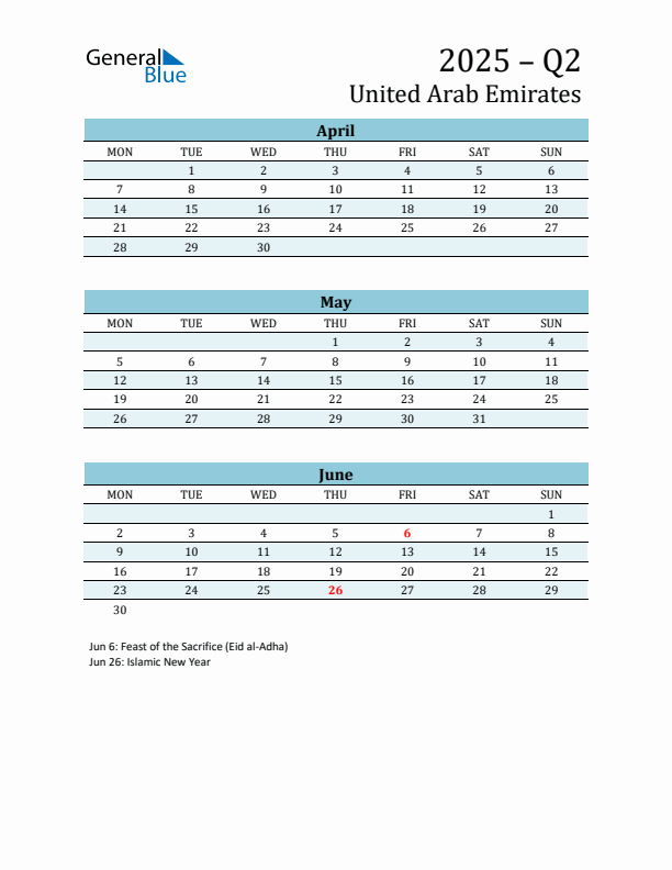 Three-Month Planner for Q2 2025 with Holidays - United Arab Emirates