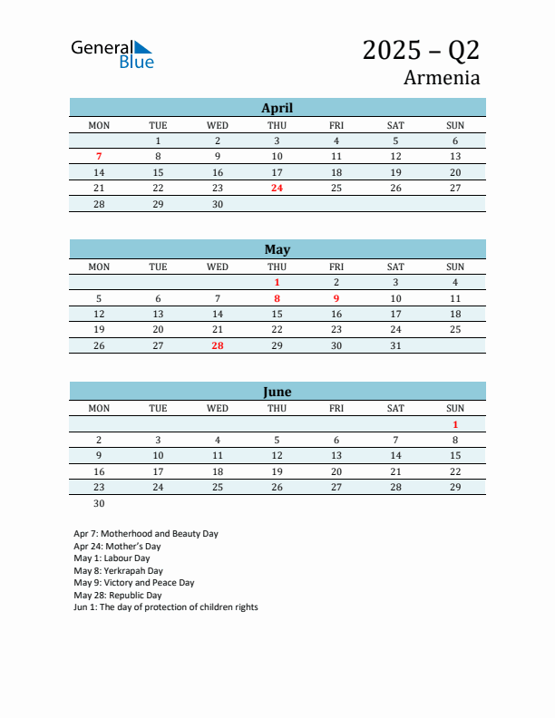 Three-Month Planner for Q2 2025 with Holidays - Armenia