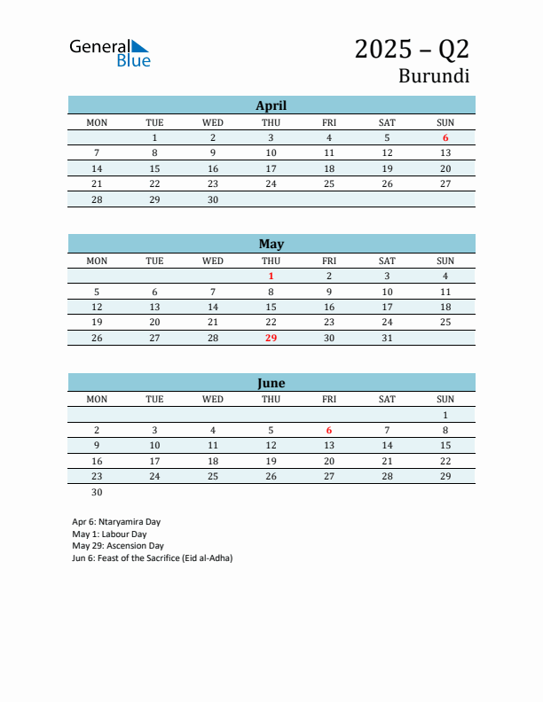 Three-Month Planner for Q2 2025 with Holidays - Burundi