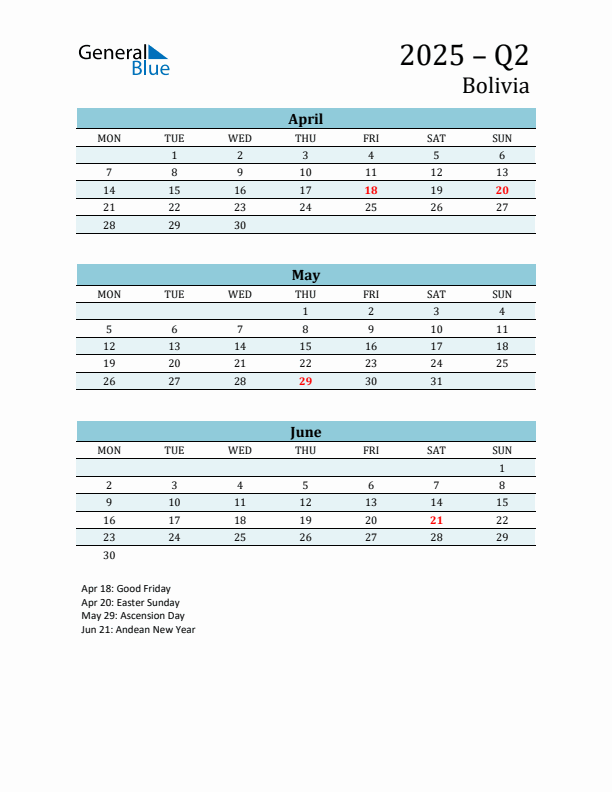 Three-Month Planner for Q2 2025 with Holidays - Bolivia