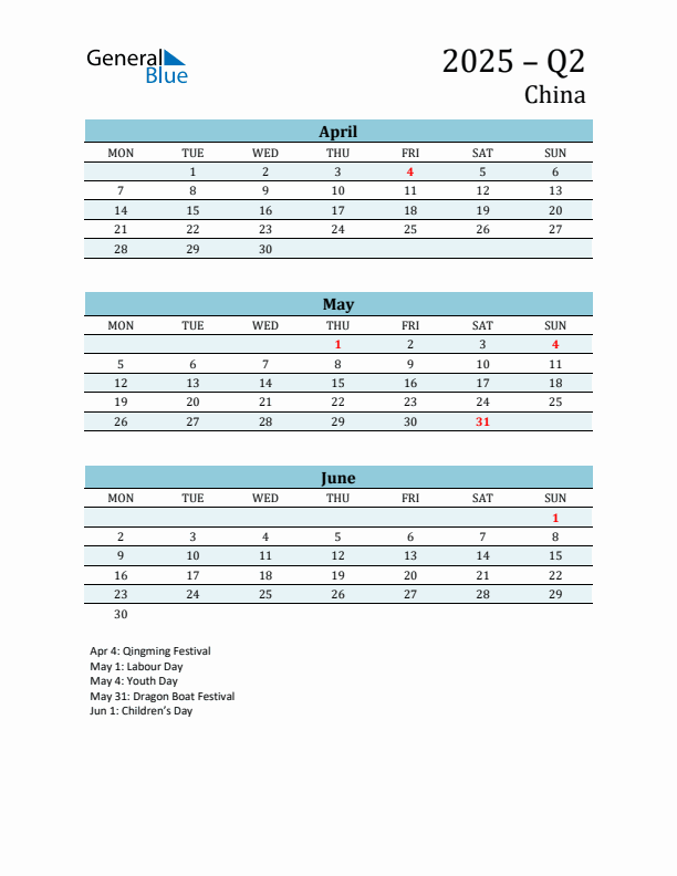 Three-Month Planner for Q2 2025 with Holidays - China